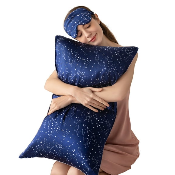 Standard Silk Pillowcase Set, 100% Mulberry Silk Pillowcase with Lyocell Underside, Silk Sleep Mask for Your Eyes, 20in*26in, Constellation