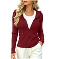 thumbnail image 2 of Women Ribbed Knit Zip Up Hoodie Slim Cropped Long Sleeve Drawstring Hooded Jacket Solid Color Fitted Casual Cardigan for Fall Winter, 2 of 6