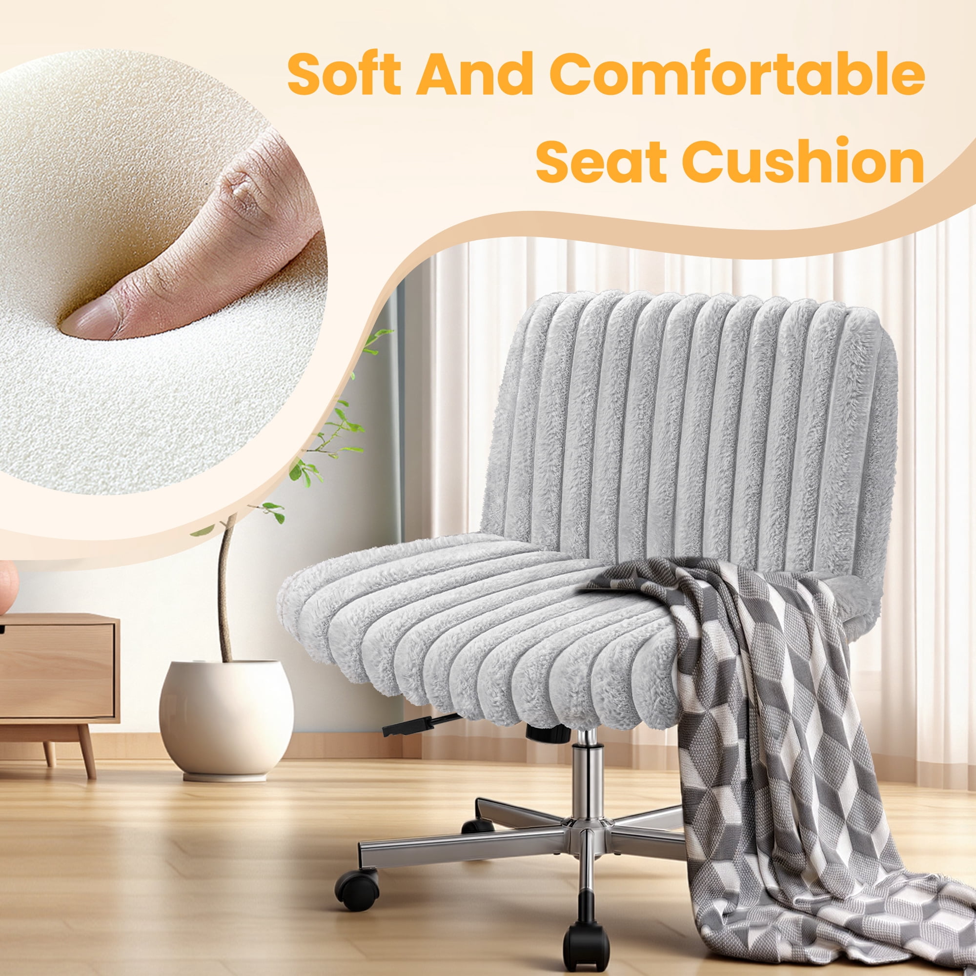 COOLHUT Office Chair Armless Criss Cross Legged Chair with Wheels, Teddy Fabric Comfy Home Office Desk Chairs, Wide Seat Vanity Task Computer Chair, Beige