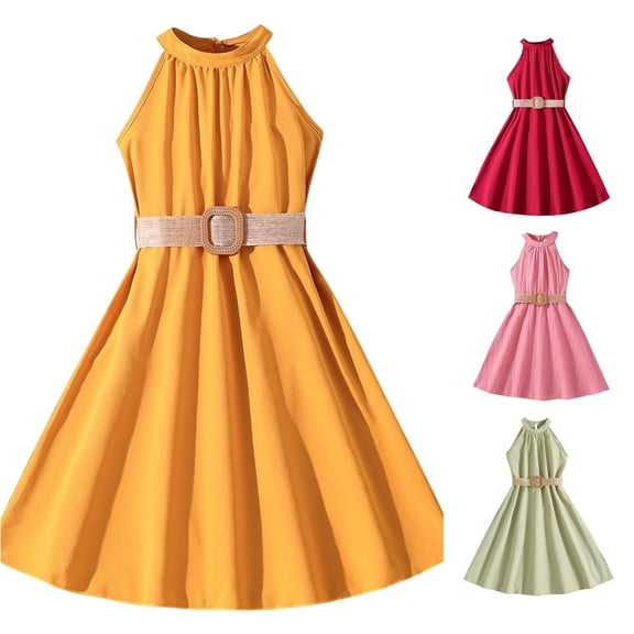 Girls Halter Neck Yellow Dress Sleeveless Casual A-line Outfits Sundress Summer Dress for 7-8 Years