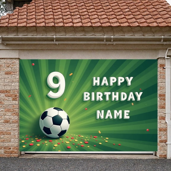 Green Striped Happy 9th Birthday Banner Soccer Themed Football Birthday Display 3D Lettering Confetti Decor Personalized Birthday Backdrop for 9th Birthday Party Soccer Lover Celebration Boys