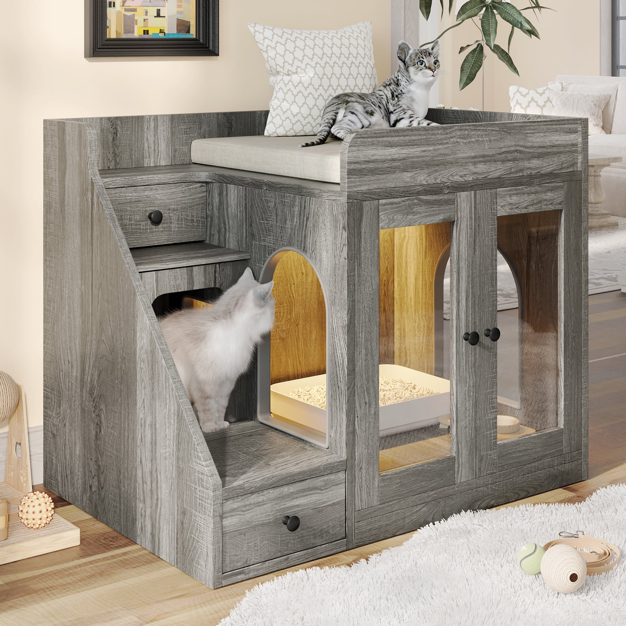 Aukfa Cat Litter Box Enclosure with LED Light and 2 Storage Drawers for Living Room,Gray