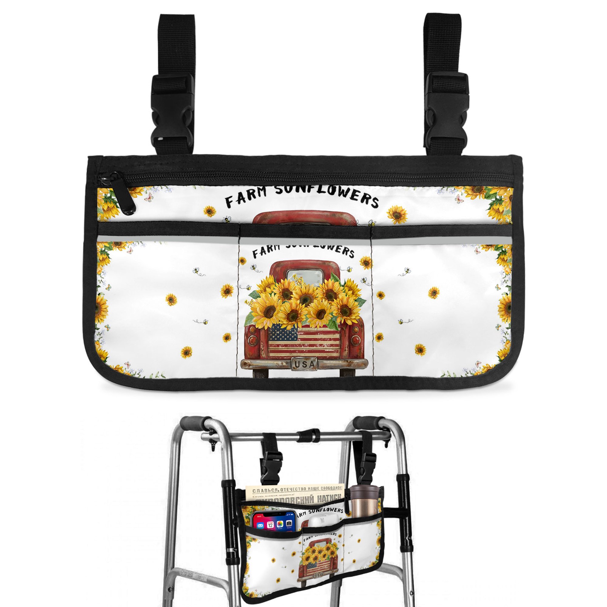 Farmhouse Sunflowers Wheelchair Side Bag with Cup Holder, Summer Yellow Floral Leaves Red Truck Wheelchair Armrest Bag Storage Pouch Adults, Seniors for Walkers, Rollator, Scooter