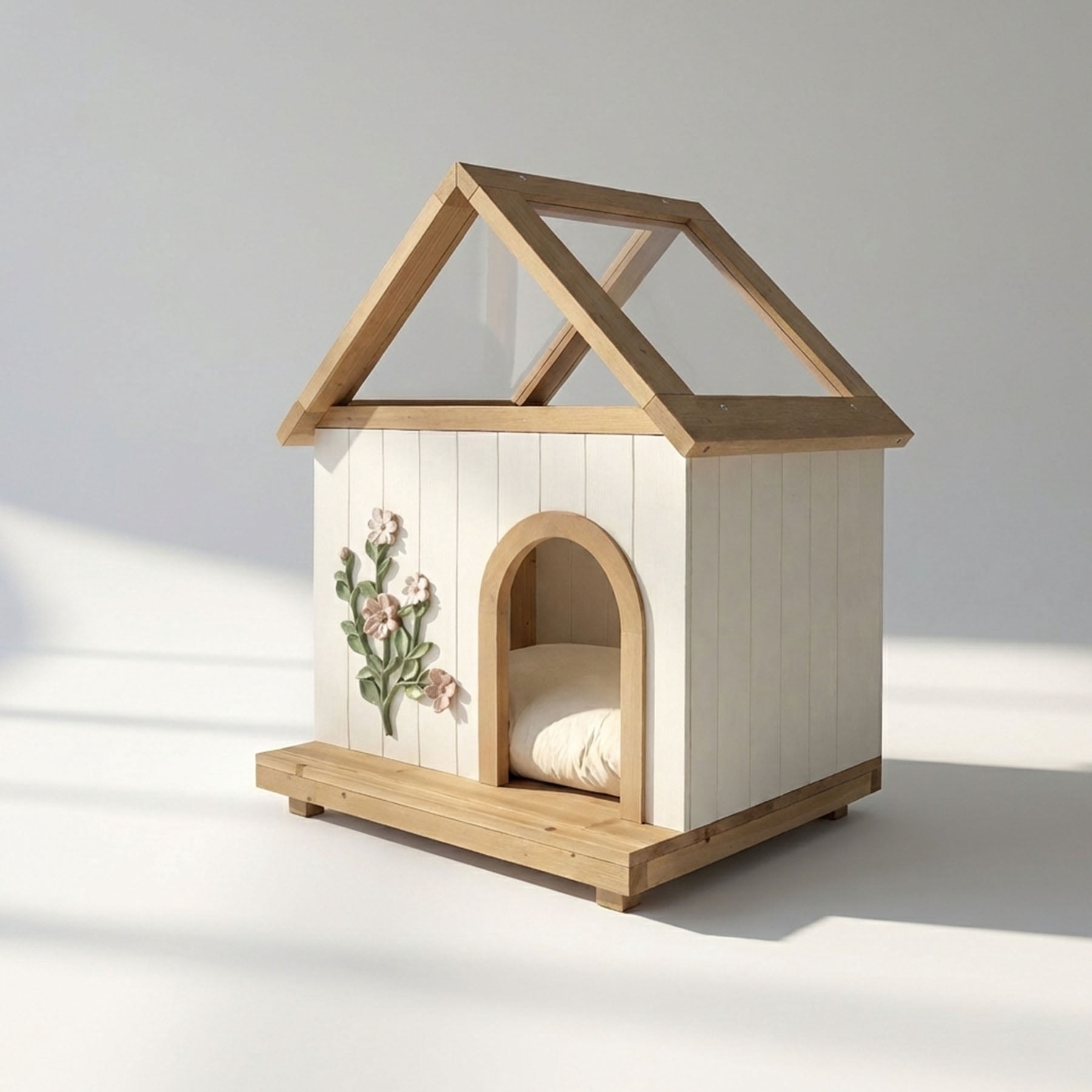 S-HOME Daisy Cat House with FSC-Certified Cedar and Acrylic Roof, Wooden Shelter for Cats and Small Dogs Weight 11-25 lbs
