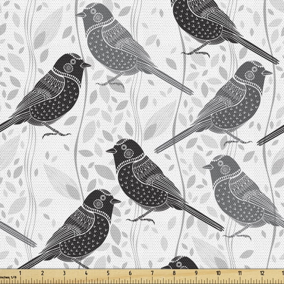Ambesonne Grey Fabric by the Yard Upholstery, Birds and Floral Patterns, 5 Yards, Grey White Black