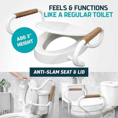 Lunderg Solva Raised Toilet Seat with Handles - Elongated - Easy to Install Toilet Seat Risers for Seniors - Adds 3 Inches & Works Like the one You Always Use - Elegant design - No Hospital Vibe