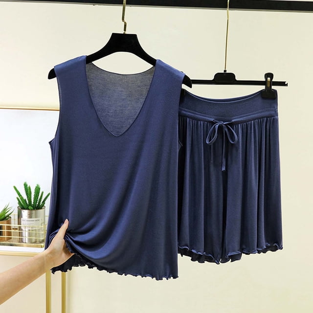 RKSTN Pyjama pour Femmes Ensemble Coton à Volants Grande Taille Col en V Sans Manches Camisole de Pyjama avec Shorts 2 Pcs Pyjama Léger pour Femmes