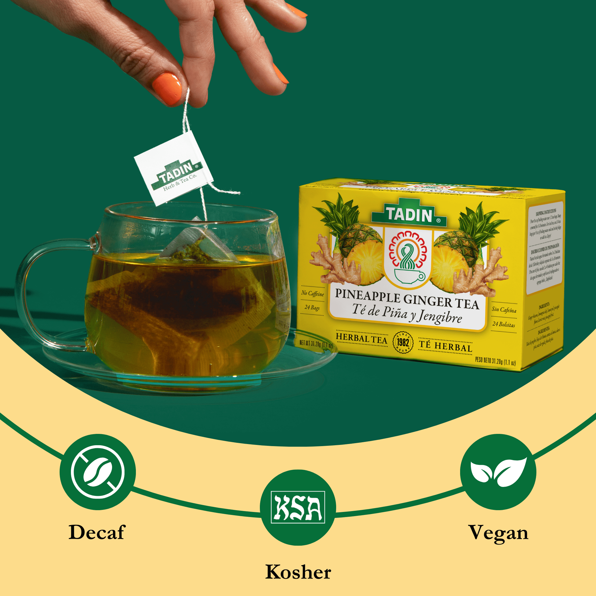 (6 pack) Tadin Pineapple Ginger Tea, Herbal Tea, Caffeine-Free Tea, Herbal Tea Bags, 24 Count, Pack of 1