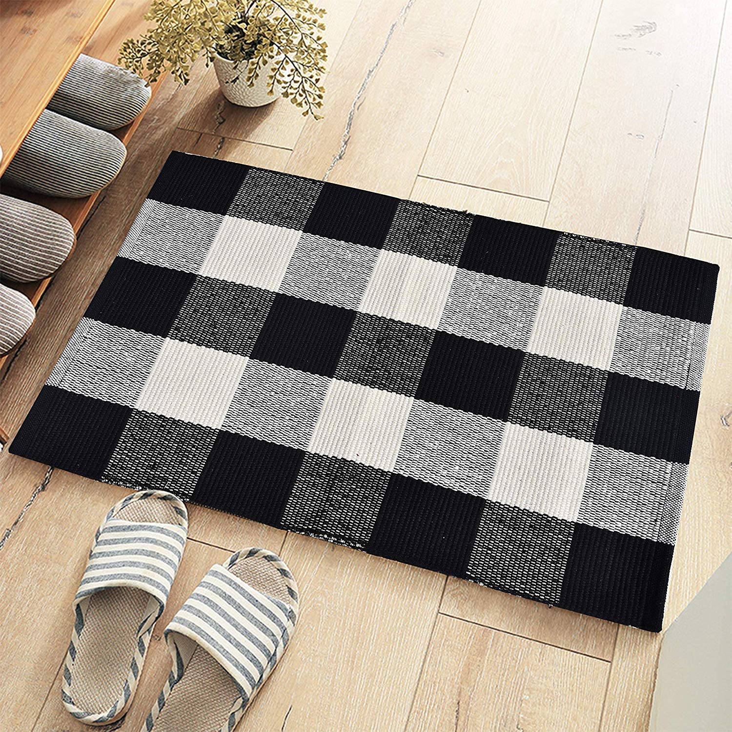 Cotton Buffalo Plaid Rugs Black and White Checkered Rug Welcome Door Mat (17.7"x27.5") Rug for Kitchen Carpet Bathroom Outdoor Porch Laundry Living Room Braided Throw Mat Washable Woven Buffalo Check - image 2 of 8