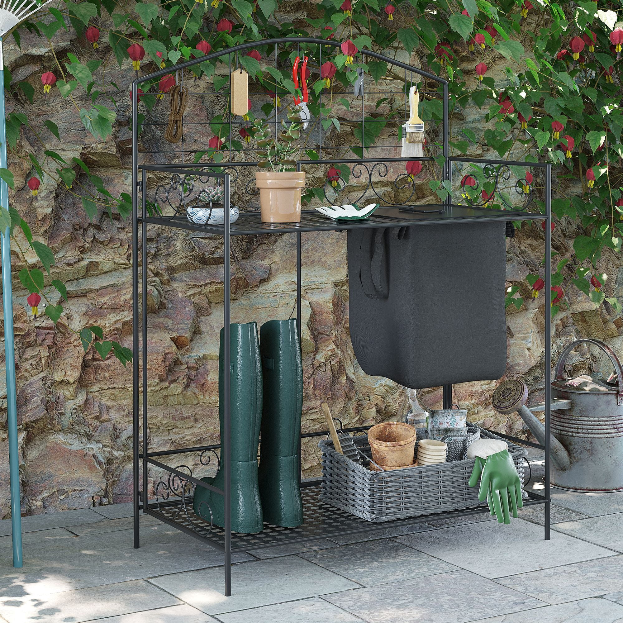 Folding Potting Bench Table, Metal Garden Workstation, Work Bench with Large Build-In Bag with Cover, 5 Hanging Hooks & Storage Shelf, Flourishes