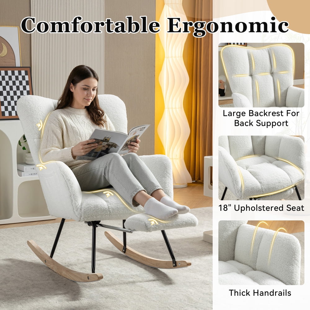 Ivory Teddy Fabric Rocking Chair with Adjustable Footrest – High Back Nursery Glider with Storage Pocket, Sturdy Wood and Metal Frame, Comfy Lounge Rocker for Living Room, Bedroom, Nursery