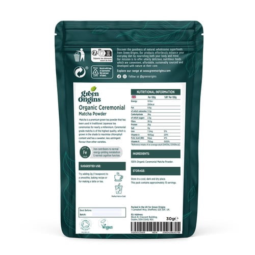 Green Origins Organic Japanese Ceremonial Matcha Green Tea Powder 30g, British Import (Pack of 2)