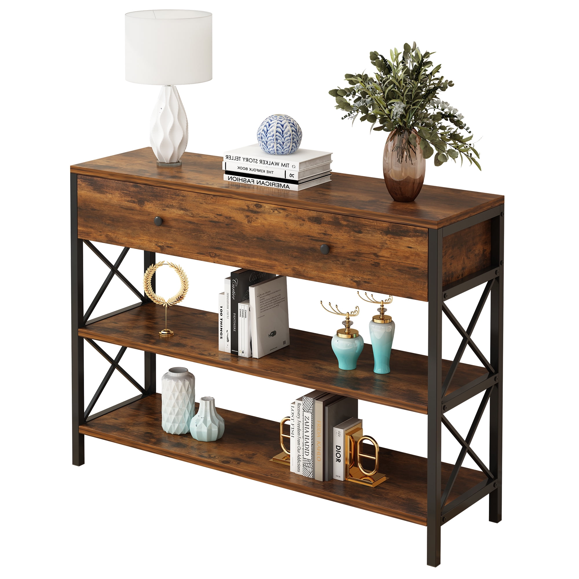 Ktaxon 39.4''L Console Table Sofa Table with Large Drawer and 2 Storage Shelves, Farmhouse Entryway Table for Living Room Hallway Bedroom, Rustic Brown