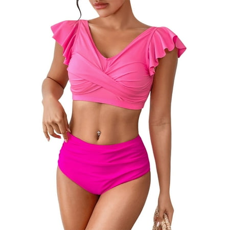 Huankd Womens High Waisted Bikini Sets Ruffle Cheeky Tummy Control Full Coverage Push Up Solid Two Piece Swimsuits Hot Pink L