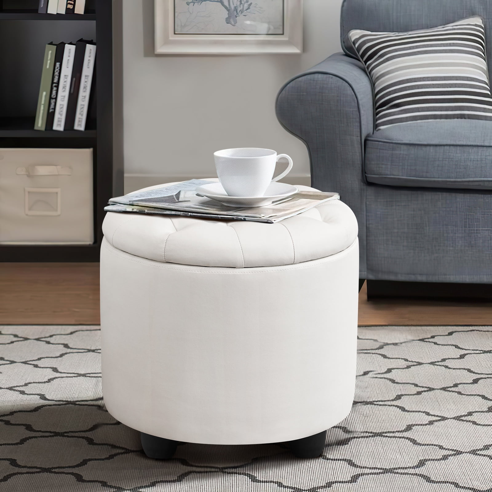 Furniliving Modern Round Storage Ottoman Tufted Footrest Stool Ottoman Bench for Living Room, Bedroom and Office, Faux PU-IvoryWhite