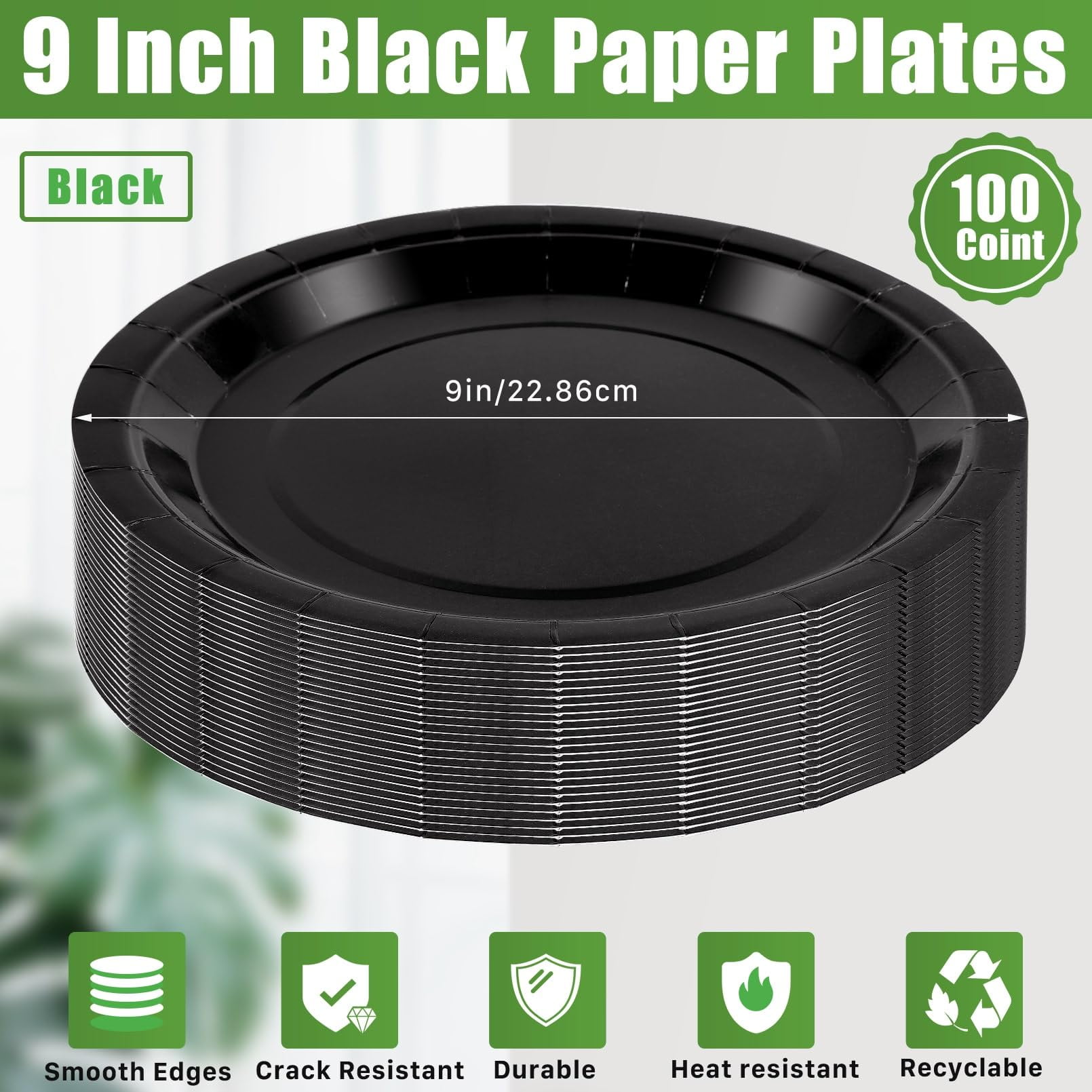 CACASO 100 PCS Black Paper Plates, AFN19 Inches, Contemporary Style, Round, Disposable, Heavy-Duty, Ideal for Parties, Weddings, and Holidays