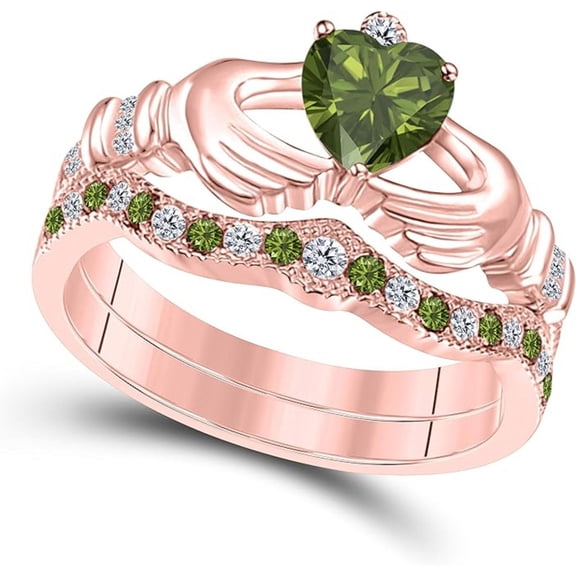 14K Rose Gold-Plated Crown Design Claddagh Bridal Set 1 CT Heart-Cut Green Tourmaline Engagement Ring with Curved Wedding Band 925 Sterling Silver Anniversary Gift For Women