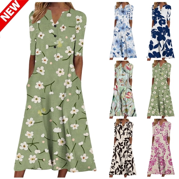 Tqyyweavej Henley Dress for Women Floral Botton Short Sleeve Midi Dress Loose Color Block V-Neck Dress with Pockets Size S to 3XL