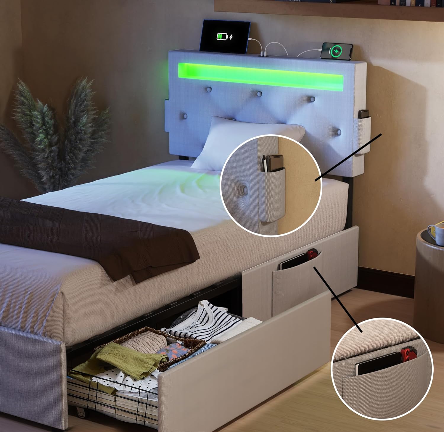 Miniyam Upholstered Kids Twin Size Bed with USB Charging Station, LED Lights, Storage Drawers, Light Gray