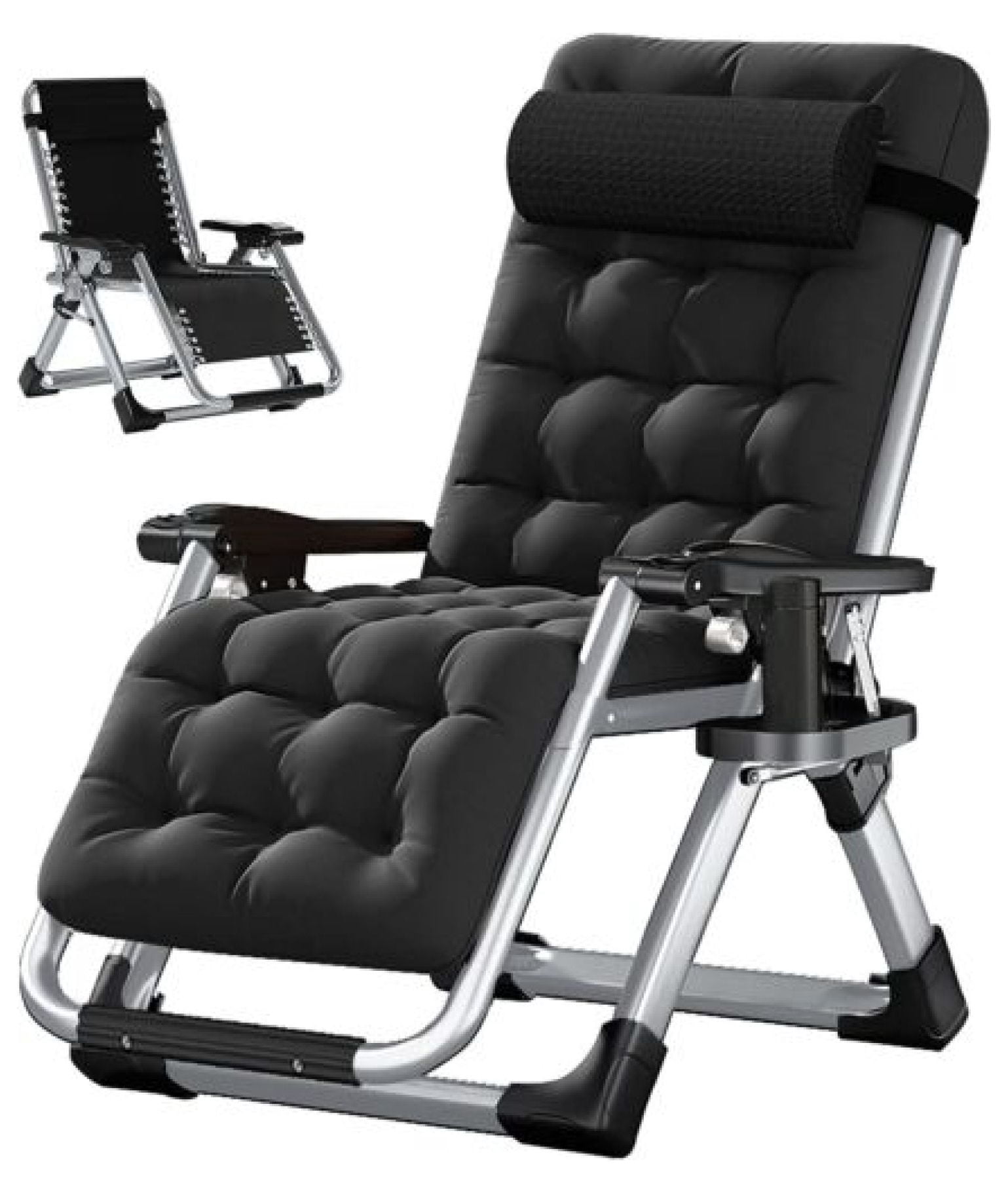 Chair Patio Lounge Chairs With Cushion Pillow Cup Tray black +Cushion+Cup Holder+Headrest