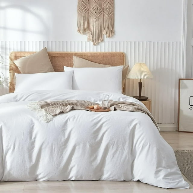 Washed Cotton Duvet Cover Set Linen Feel Natural Wrinkle Lightweight Comfy (King Linen)