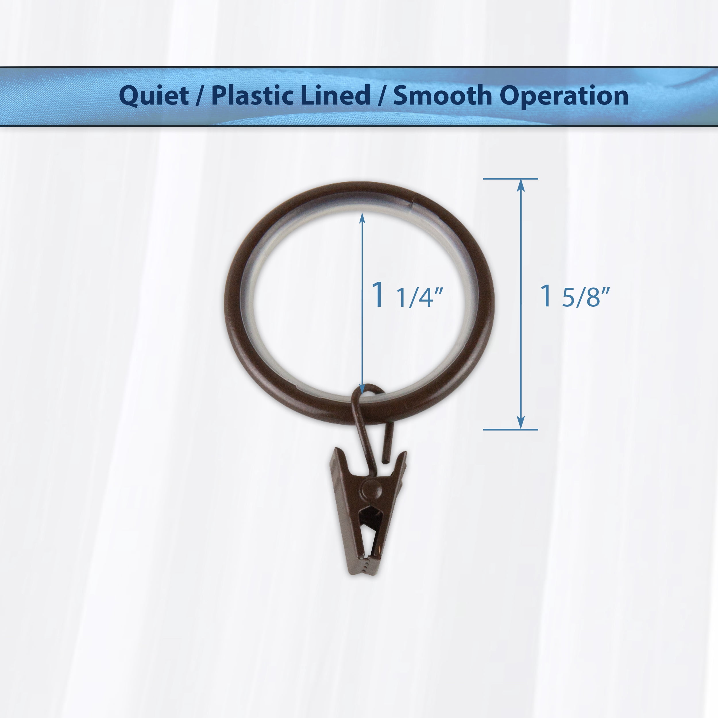 PlusCasa Noise-Canceling 1-1/4 inch Cocoa Curtain Rings with Clips (10 Count)