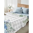 thumbnail image 4 of Blue Flower King Size Flat Sheet, Wrinkleproof & Fadeproof Cooling Flat Bed Sheet Only, Grey Plaid Hydrangeas Eucalyptus Leaves Breathable Soft Bedding Top Sheets 105 x 98 Inches, 4 of 8