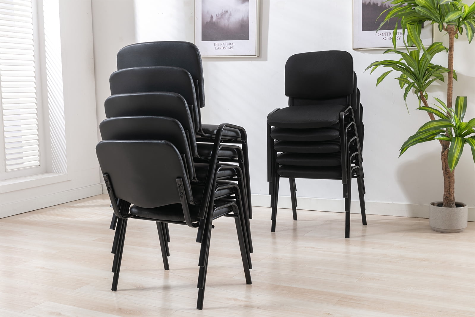 Guyou Black Stackable Conference Room Chairs Set of 5, Armless Leather Reception Chair, Ergonomic Office Chair with Back, Visitor Chairs for Conference Room Training Room Waiting Room School