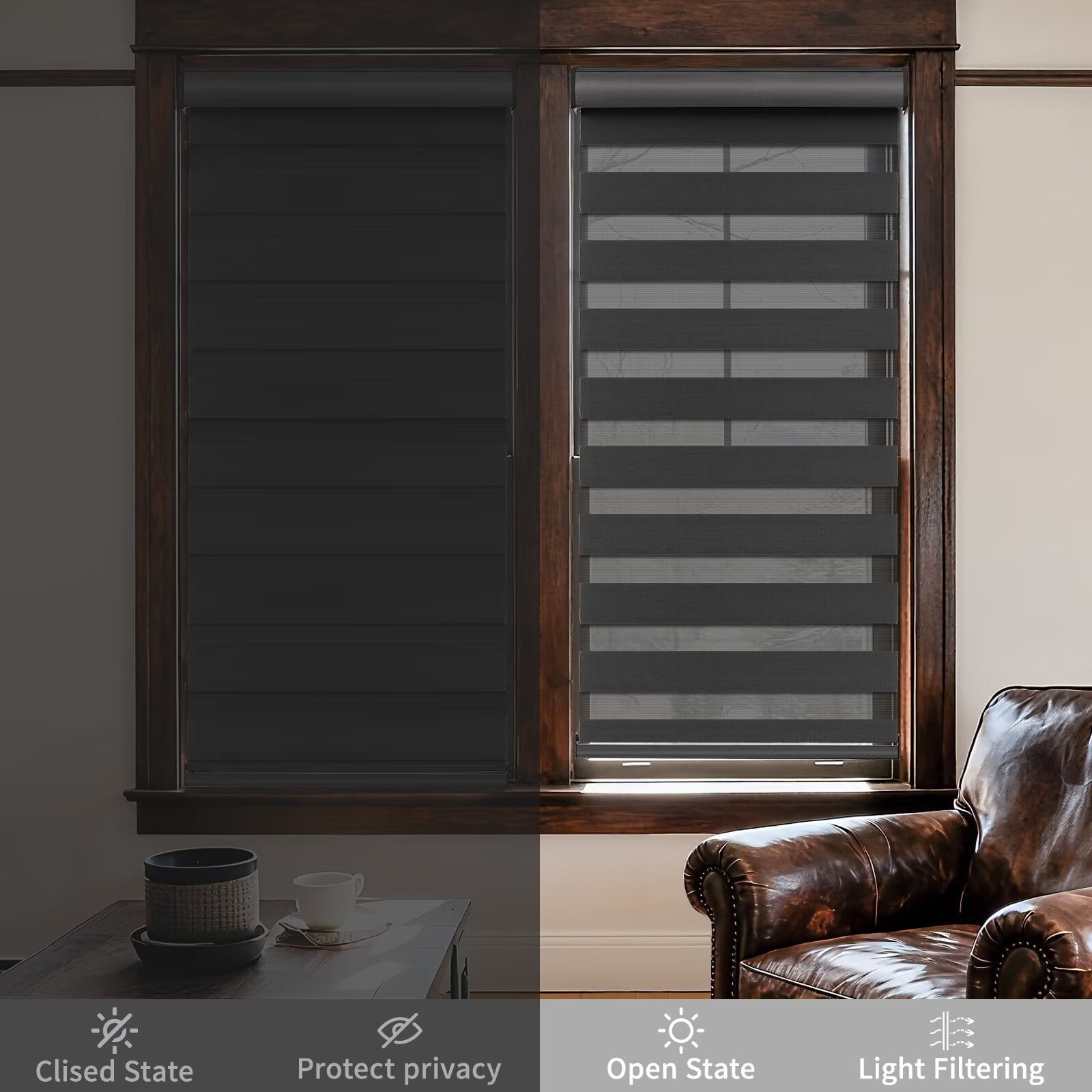 MYshade Cordless Zebra Blinds Black-46"W*72"H Pull Down Roller Window Shades Double Layer Light Control Free Stop Window Shades Day and Night Blinds Easy Installation for Home