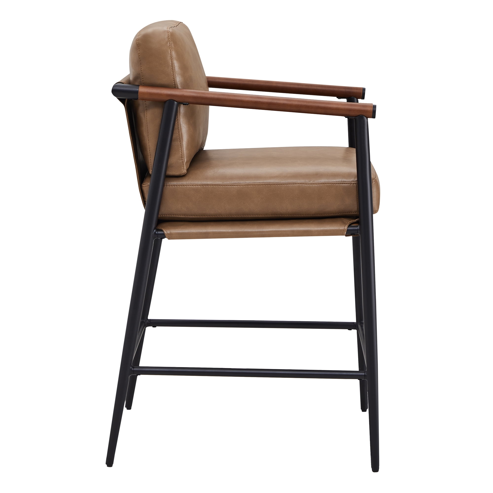 CHITA Modern Counter Stools Set of 2, Upholstered Bar Stools with Metal Frame and Wooden Armrests, Faux Leather in Saddle Brown