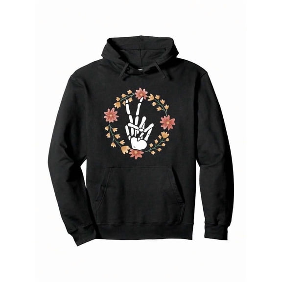 Men'S Gothic Hoodie - Black Pullover Sweatshirt With Skeleton Hand Peace Sign & Floral Wreath, Hooded Streetwear For Concerts, Parties, Everyday, Halloween, Day Of The Dead, Casual Outfits - Regular