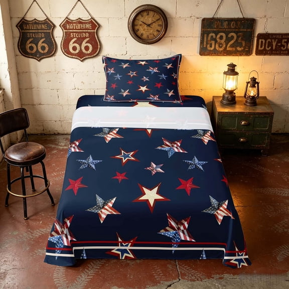 Manfei 3D Star Print Twin Sheets, Patriotic American Flag Bedding, Red White Blue Navy, Navy Reversible 3-Piece (1 Flat Sheet, 1 Fitted Sheet and 1 Pillowcase)