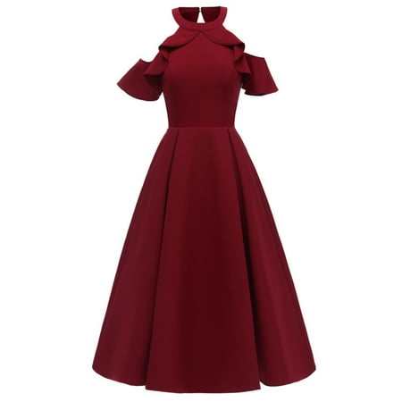 

Women s Elegant Dresses Halter Round Neck Ruffle Cold Shoulder Backless Fit And Flare Dress for Cocktail Party Summer Wear
