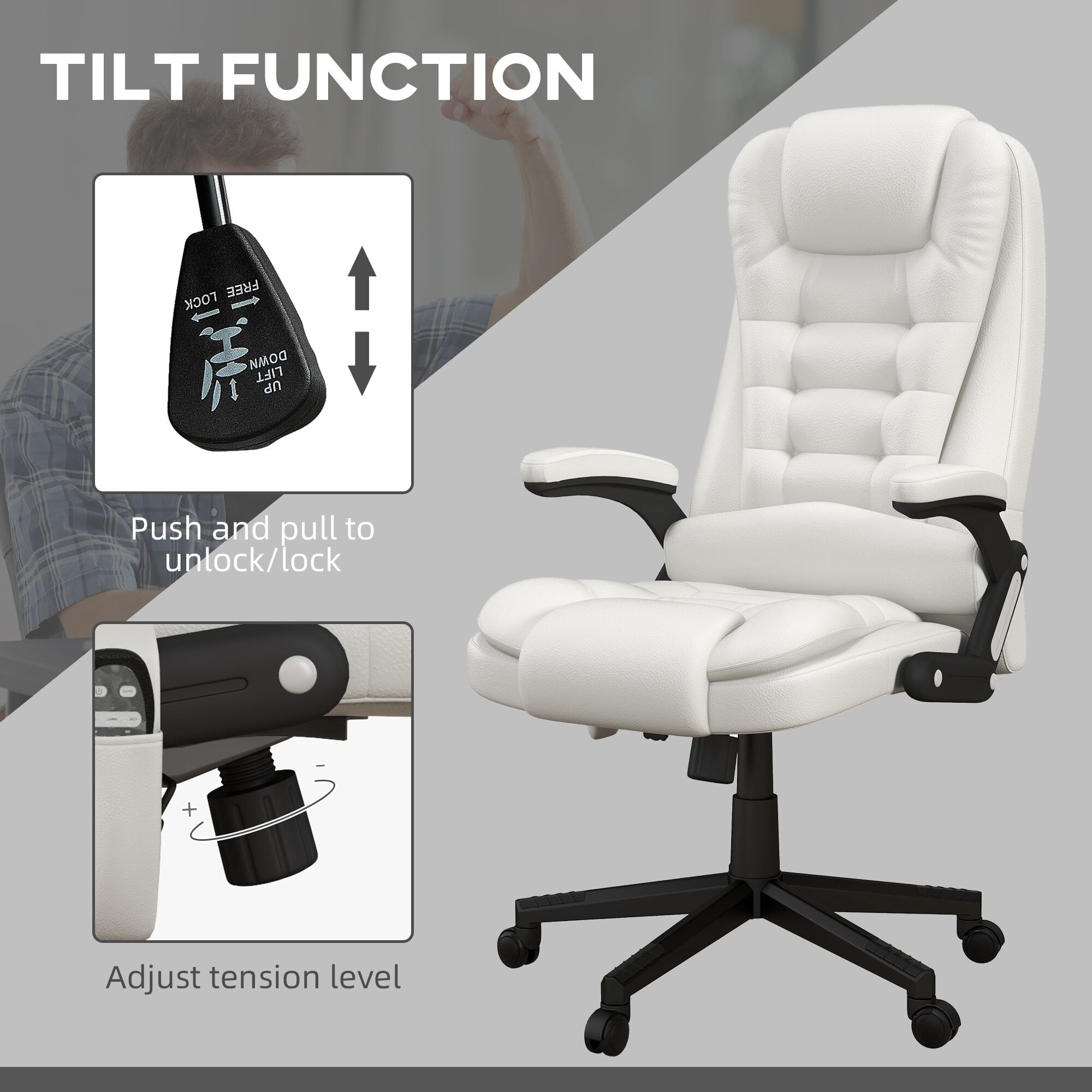 Ergonomic High Back Massage Office Chair with 6 Vibration Points and Heat, Reclining PU Leather Computer Chair with Remote, White for Home Office