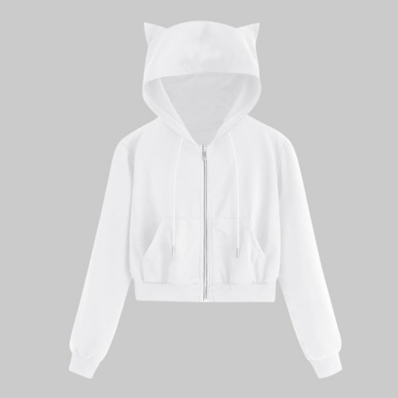 Gifts Winter Womens Sweatshirt Coat Plus Size Hooded Coat for Women Zip up Cute Cat Ear Hoodies Sweatshirt Long Sleeve Casual Solid Pocket Short Outerwear with Drawstring
