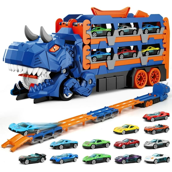 Foldable Dinosaur Truck Toy with 12 Alloy Cars: 5-Car Chomping Drawer & 61.8" Dual Racing Tracks, Portable Monster Carrier No Assembly (Blue)
