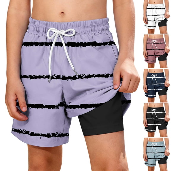 Guluxicc Boys Swim Trunks with Compression Kids Striped Printed Beach Shorts Summer Quick Dry Bathing Suit Swimsuit with Pockets