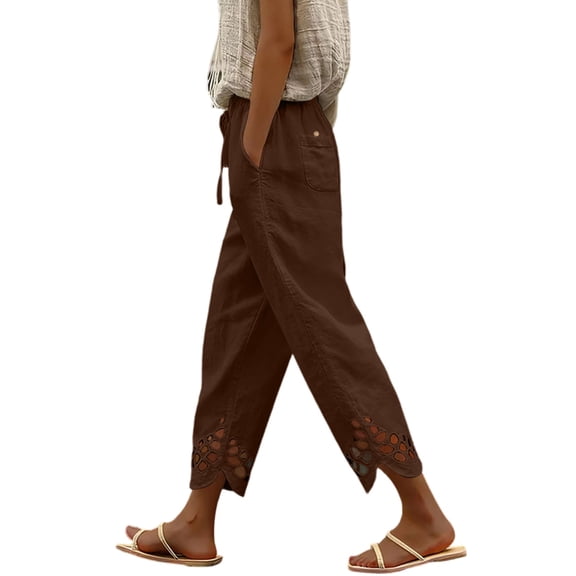 RYRJJ Womens Cotton Linen Capri Pants Drawstring Summer High Waist Comfy Slacks Lightweight Casual Loose Cropped Trousers with Pockets(Brown,XL)