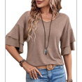 thumbnail image 1 of Camiseta de Corta con Volantes para Mujer, Cuello en V, Acampanada de Doble Capa Camello S, 1 of 9