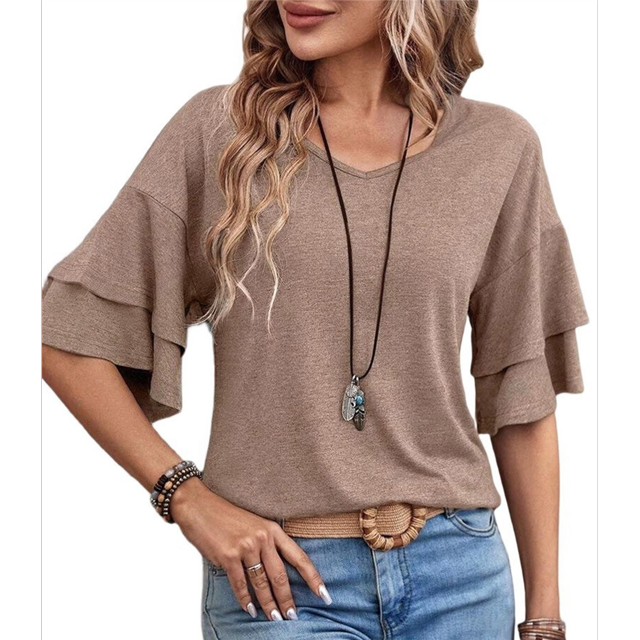 Camiseta de Corta con Volantes para Mujer, Cuello en V, Acampanada de Doble Capa Camello S