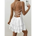 thumbnail image 6 of Women'S One Shoulder Smocked Shirred Tiered Ruffle Sleeveless A-Line Mini Dress White L, 6 of 9