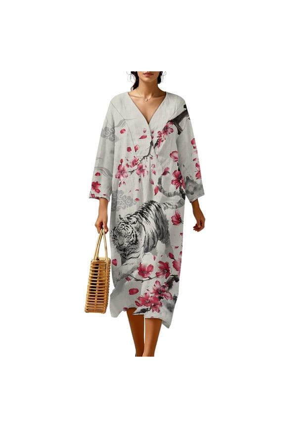 Womens Casual Dress Tiger Flower Printed 3/4 Sleeve Maxi Dresses Loose Fit Dress Fashion V Neck Midi Dresses, 3XL