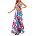 thumbnail image 3 of Biekopu Women Skirt Set, Tie-dye Print Lacing Halterneck Backless Pleated Vest with Long Skirt, 3 of 8