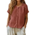 thumbnail image 3 of Oversized Tshirts for Women Linen Cotton Blend Button Down Shirt Casual Short Sleeve Neck Blouse Loose Fit Red Summer Tops for Women, 3 of 9