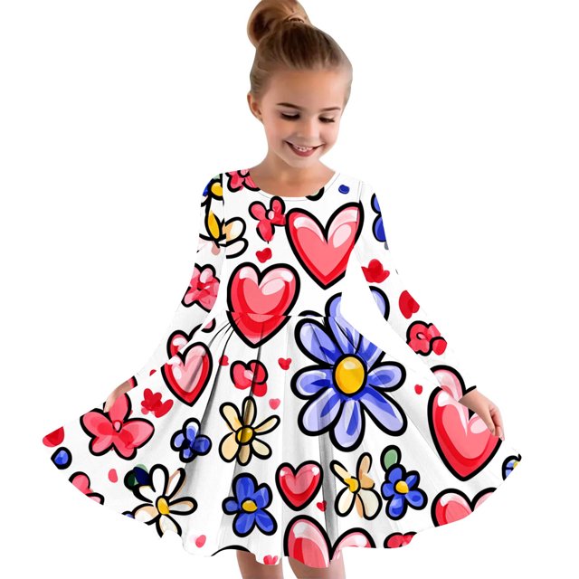 Odeerbi Niñas Vestido de Patinadora Estampado Corazón Vestidos de Princesa 4-14 Años Niñas Vestido de Patinadora Cuello Redondo Vestido de Manga Larga