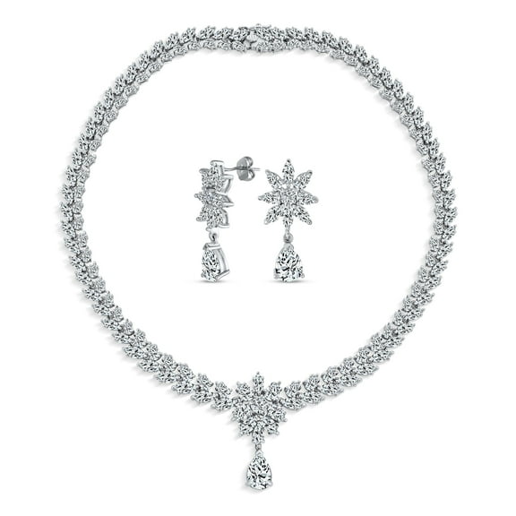 Bling Jewelry Womens Bridal  Marquise Leaf CZ Choker Necklace Earrings Set