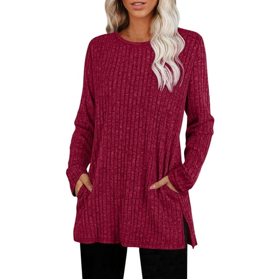 FDGIU Women's Ribbed Knit Pullover - Long Sleeve Crewneck Tunic Top, Fall Winter Casual Sweater