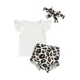 thumbnail image 1 of Franhais Newborn Three-Piece Outfits, Flying Sleeve Solid Color O-Neck Tee Shirt + Leopard Print Short Pants + Decorative Hairband, 1 of 8