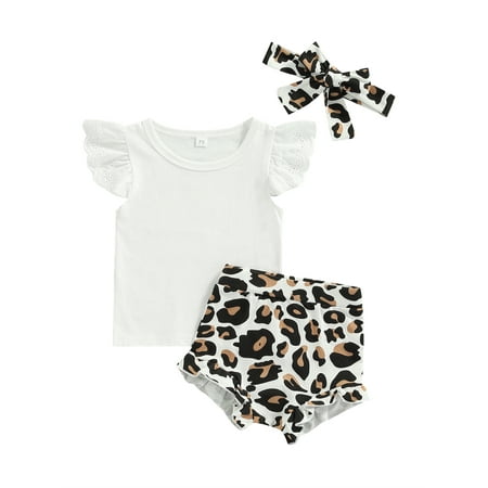 

Calsunbaby Newborn Baby Girls 3pcs Outfits Flying Sleeve Tee Shirt Leopard Print Shorts Headband Clothes Set Leopard 3-6 Months