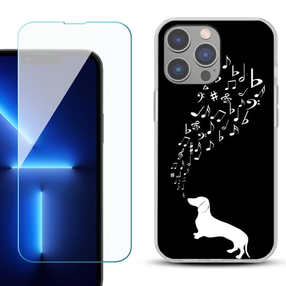 Slim-Fit Gel TPU Phone Case for iPhone 14 Pro Max, with Tempered Glass Screen Protector, by OneToughShield ® - Dachshund/Puppy Music